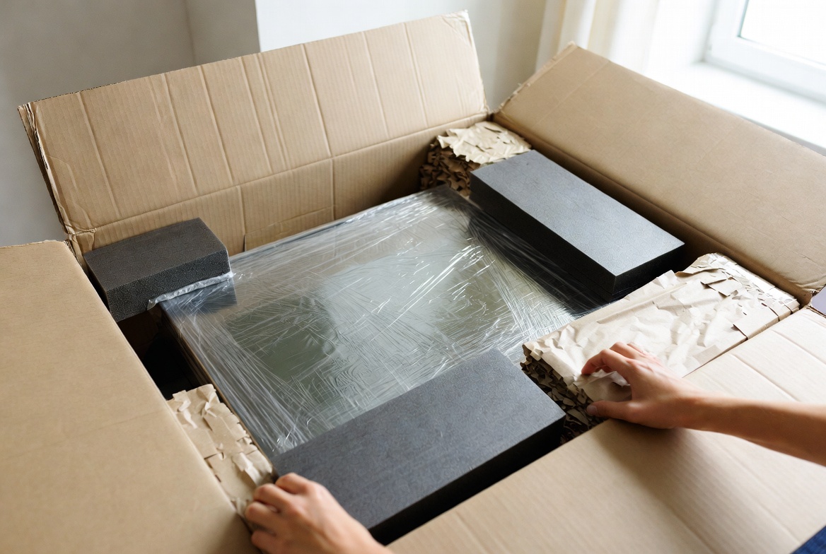 Placing a wrapped TV upright into a shipping box