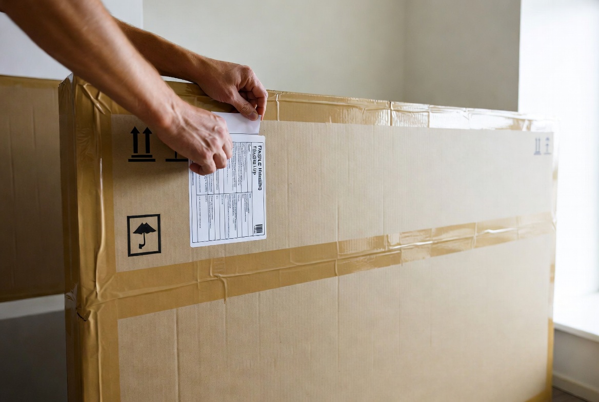 Sealed TV shipping box with fragile handling labels