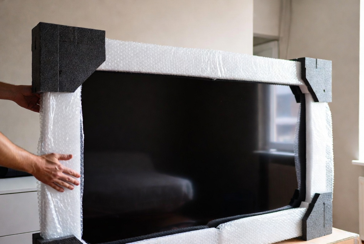 Wrapping a television with bubble wrap and corner protectors